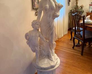 Faux Marble Sculpture After Moreau of Woman and Child with Stand - 59" Tall