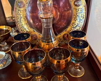 Italian Gold Gilt Decanter and Goblet Set