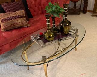 Hollywood Regency Oval Glass Top Coffee Table with Brass Base