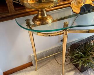 Hollywood Regency Oval Glass Top Console Table with Brass Base