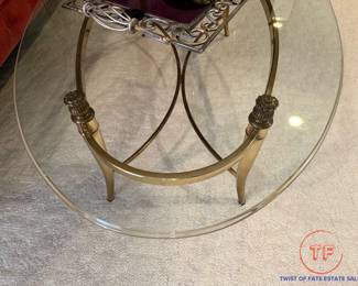 Hollywood Regency Oval Glass Top Coffee Table with Brass Base