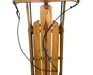 BRDA705 Vintage Flexible Flyer Model 47 Winter Production Wooden Sled Straps are duct tapped.  Sled is approximately  46" long.
