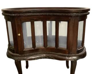 BRDA710 Vintage Victorian Mahogany Wood Glass Kidney Shaped Cabinet This very ornate caninet opens to place items you wish to show off.  
