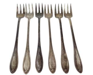 BRDA708 Six Sterling Silver Olive Forks Measure almost 6' long. There is an initial etched on each one.

