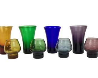 KEKU714 Vintage Handcrafted Miniature Colored Glasses Four 3" glasses that are solid color and four 2" glasses with etching
