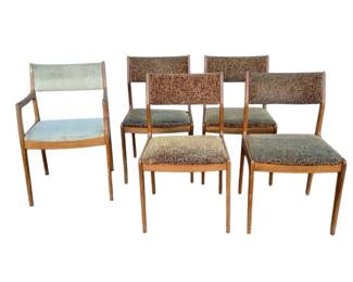 BEBO718 DScan MidCentury Dining Chairs All chairs are in need of being reupholstered.  There are 4 matching chairs and 1 armed chair.

