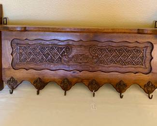 Beautiful wall mounted carved coat racks with shelf , Dutch/Netherlands, intricately detailed , 30inch, 38inch and 58 inch, all in perfect condition 