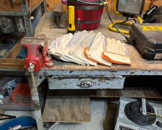 Vice, gloves, and tools