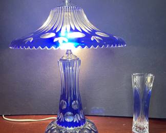 Cobalt blue cut to clear glass table lamp and vase