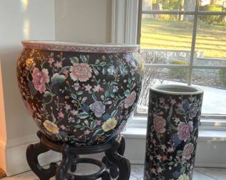 Chinese fish bowl planter and umbrella stand