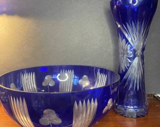 Vtg. Bohemian Czech cobalt blue cut to clear glass bowl and vase