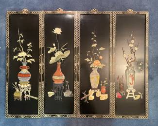 Vtg. Chinese Black Lacquered Mother of Pearl Wall Panels
