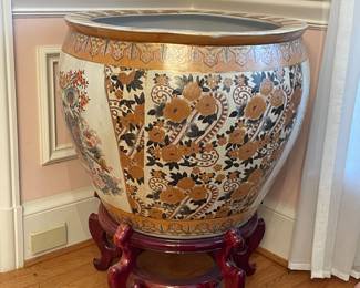 Large Chinese fish bowl planter with stand