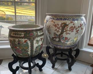 Chinese fish bowl planters with stands