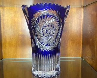 Bohemian colbalt  blue cut to clear vase