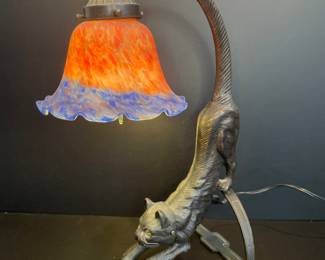 Bronze crouching cat Tiffany style lamp 