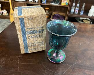 Iridescent Blue Carnival Glass Goblet Candle