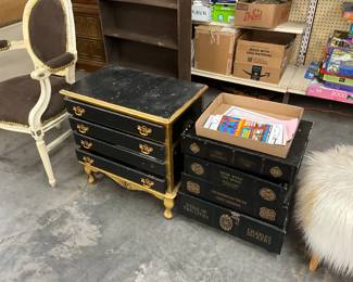 French Regency Chest of Drawers & Leather Stack of Books Side Table