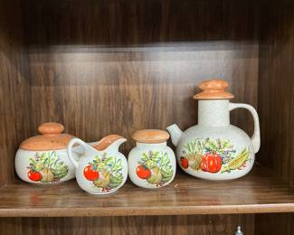 Stoneware Ceramic Covered Sugar & Creamer, Small Canister & Teapot