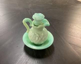 Avon Jadeite Swirled Slag Glass Pitcher and Bowl with Raised Roses