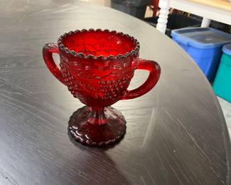 Imperial Glass Ruby Red Double Handle Pedestal Sugar Bowl