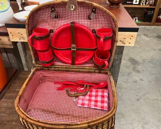 Wicker Red Plaid Picnic Basket - Service for 4