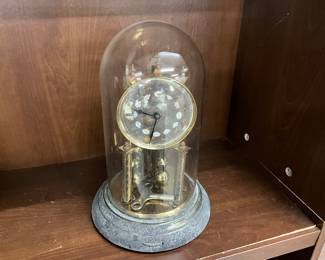 German Schatz Anniversary Clock w/Key - Glass Dome & Metal Base