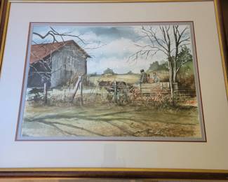 Large framed 1976 Wayercolor  by John Yeackle (1940 to 2011) Title: Wagon Ride with Edgar, Milledgeville, Georgia 1976.