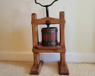 A 19th century press, heavy oak frame and hand wrought iron fittings.  Perfect for a retail prop for one of our local fruit orchards. 
