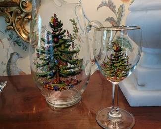 Spode Christmas Tree, Glass Pitcher & Gold Rim Wine Glasses.