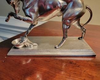 Early 20th century recently restored figure of a Gray Hound.  The silver plate is A1 silver plate.   Refer to detail picture to see poignant wound care of this athlete's front leg.