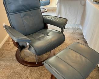 PAIR of Ekornes Stressless leather recliners (slate blue) both with matching ottomans