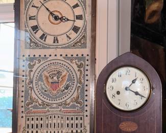 Collection of early clocks. Wonder early needle point clock with White House scene. 