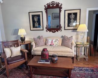 Original early Stickley Chair, Stickley End and coffee table. Beautiful Camel Back Down Sofa. 