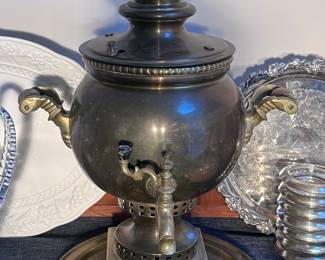 Early Complete Russian Samovar. Very rare to have the top tea pot, tray and drip cup. Solid brass.  