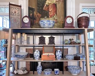 Wonderful 72” tall outdoor garden scene oil on burlap board. Nice collection of blue/white pottery. Nice 4 shelve display or organization shelf. 