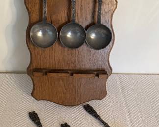 Vintage Pewter Liquor Spoons & Display Rack