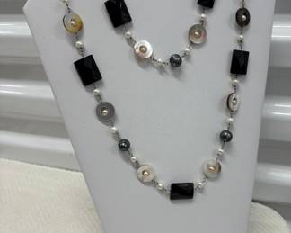Sterling Silver Onyx Mother of Pearl Necklace