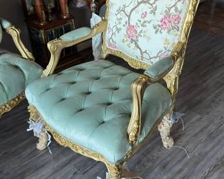 Elegant Louis XVI Style Salon Set: Settee & Armchairs with Exquisite Carvings and Floral Upholstery