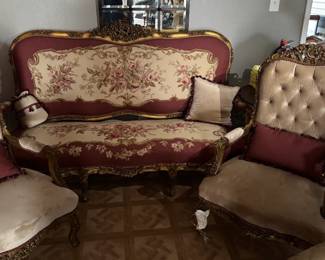 Elegant French Style Salon Set: Ornate Carved Loveseat & Armchairs with Floral Upholstery
