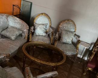 Elegant French Style Salon Set: Ornate Carved and Gilded Loveseat & Armchairs