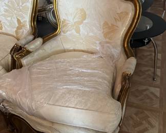 Elegant French Style Salon Set: Ornate Carved and Gilded Loveseat & Armchairs