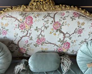 Elegant Louis XVI Style Salon Set: Settee & Armchairs with Exquisite Carvings and Floral Upholstery