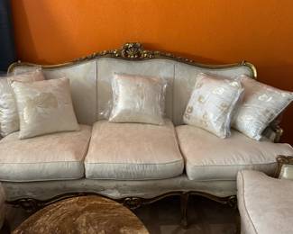 Elegant French Style Salon Set: Ornate Carved and Gilded Loveseat & Armchairs - Timeless Luxury