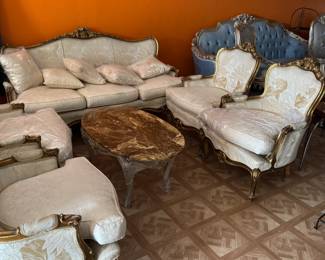 Elegant French Style Salon Set: Ornate Carved and Gilded Loveseat & Armchairs