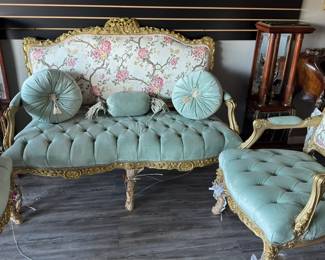 Elegant Louis XVI Style Salon Set: Settee & Armchairs with Exquisite Carvings and Floral Upholstery