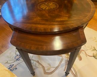$640. Maitland-Smith  inlaid  wood nesting tables.  Large table measures 26 inches wide by 20 inches deep by 25.25 inches high. Smaller nested table is 16.5 inches wide by 18 inches deep by 24 inches high. Available for online purchase per the instructions on the sale details page, pickup is during in-person shopping hours.