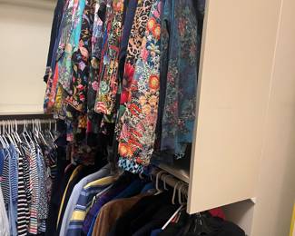 Designer and branded clothing available for purchase during in-person shopping on Friday and Saturday.  Sizes range from medium to xl