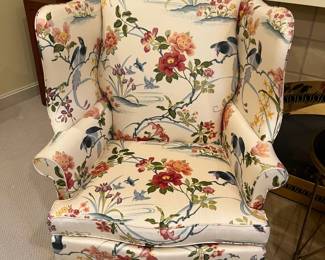 $760 Hickory chair pair of floral wing backs. 32.5 inches wide by 25 inches deep by 45 inches high.  we will entertain selling them separately if we get two people interested in one each, so just let us know.  Available for online purchase per the instructions on the sale details page, pickup is during in-person shopping hours.
