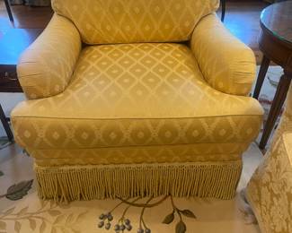 $520. EJ Victor upholstered custom side chair with a fringe skirt.  As found on one corner of the skirt.  Chair is 32.35"w x 33"d x 31"h.  Color is softer in real light. Available for online purchase per the instructions on the sale details page, pickup is during in-person shopping hours.